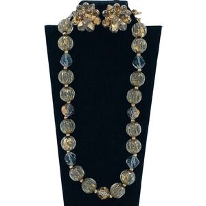 Runway Vendome Lucite Necklace Gold Fleck Art Glass Beads Clip Earrings Set